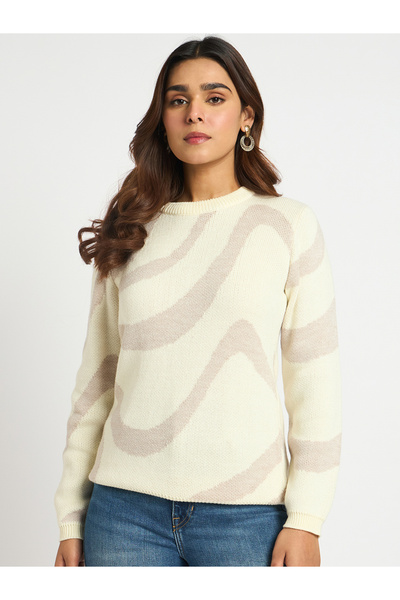 Femmella By Styli Beige Melange Abstract Print Sweater