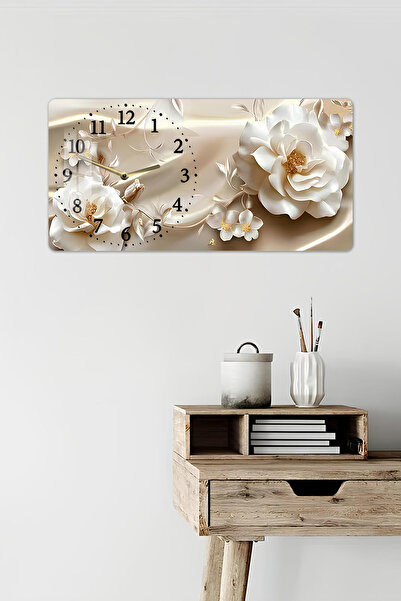 kutuTR 3D Görünümlü 2D UV Baskı Yatay Temperli Cam Saat Tablo – Çiçek Desenli...