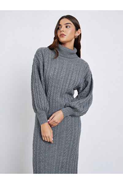 Styli Grey Cable Knit Sweater Midi Dress