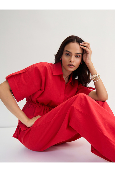 Femmella By Styli Red Cotton Linen Straight Fit Pants