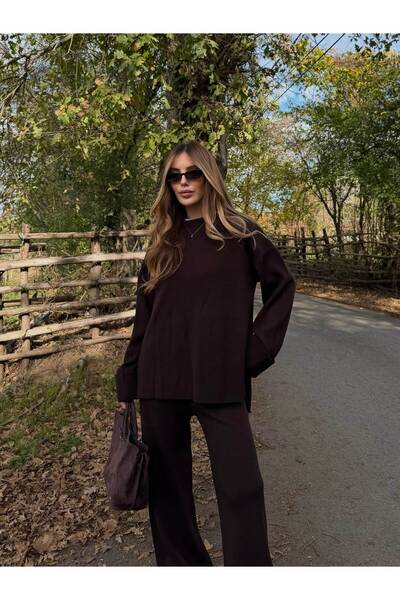 Laluvia Brown Crew Neck Knitwear Set - 4587