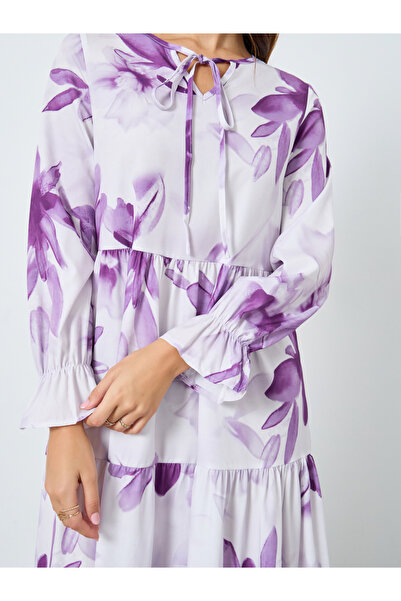 Take Two By Styli Floral Printed Tie-Up Neck Long Sleeve Midi Dress