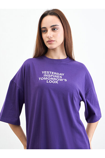 Styli Purple Slogan Print Oversized T-Shirt