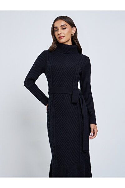 Styli Black Ribbed Knit Sweater Midi Dress with Belt