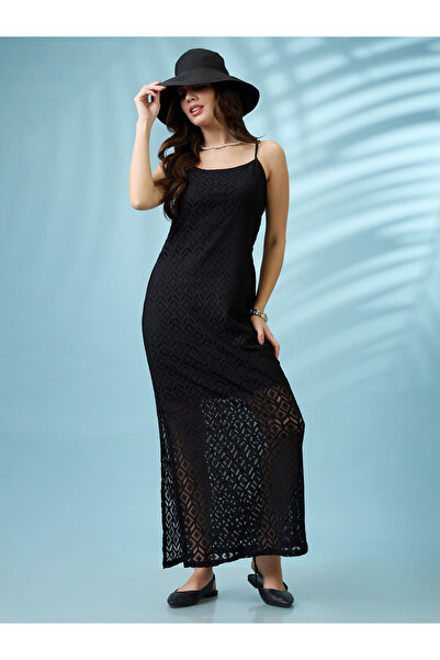 Globus By Styli Black Crochet Strappy Side Slit Sheath Maxi Dress