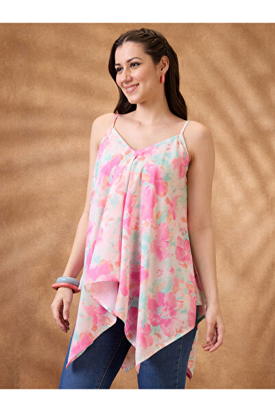 Globus By Styli Floral Print Asymmetric Hem Fusion Tunic