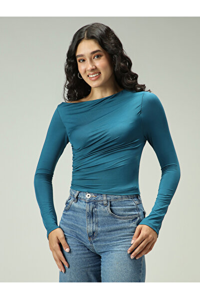 Outzidr By Styli Green Asymmetric Neck Ruched Top