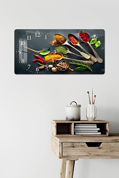kutuTR 3D Görünümlü 2D UV Baskı Yatay Temperli Cam Saat Tablo –Baharat ve Mutfak Teması – 60x30 cm -YSL014
