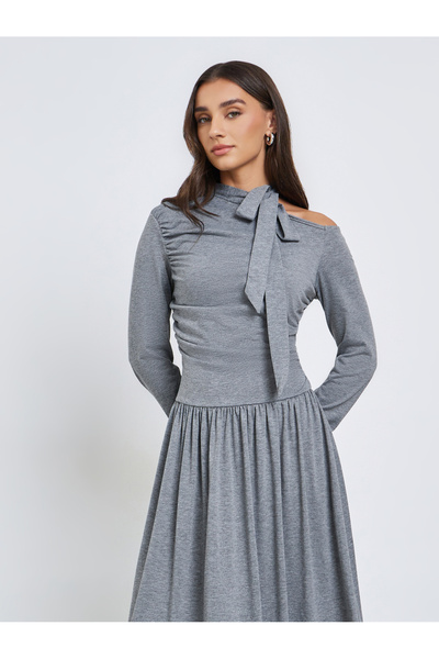 Styli Grey Solid Tie Neck Long Sleeve Midi Dress