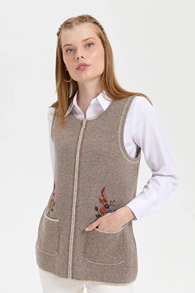 Nazen Giyim Zero Collar Embroidered Beige Women's Vest 24000-Sy-2K5