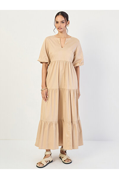 Styli Beige Cotton Puff Sleeve Tiered Maxi Dress