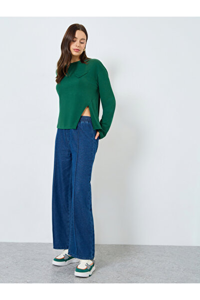 Styli Green Oversized Long Sleeve Side Slit T-Shirt