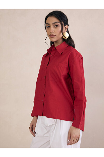 Femmella By Styli Red Poplin Long Sleeve Oversized Shirt