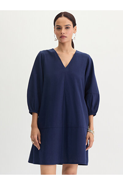Styli Navy Blue Cotton Linen Mini Dress with 3/4 Sleeves