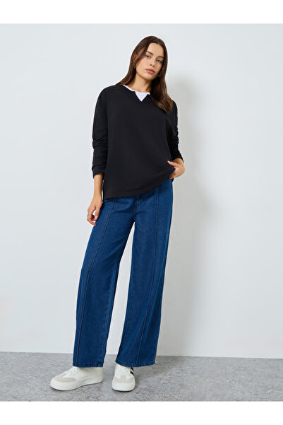 Styli Black Oversized Knit Contrast Neckline T-Shirt