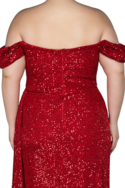 Arden Plus Size Evening Dress, Sequin Sequin Boat Neck, Wedding with Slit, Engagement Junior Evening Dress, Graduation Dress, 42-50