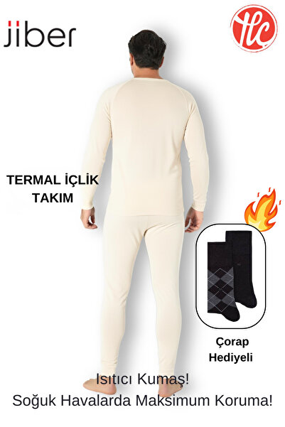Jiber Men's Ecru Moisture-Wicking and Odor-Free Heated Thermal Underwear Set (with Socks as a Gift)