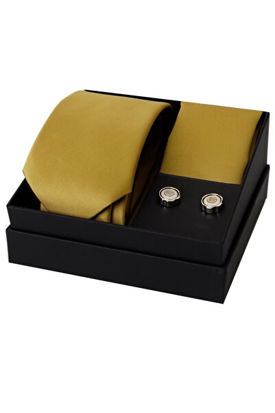 Esgue 8 cm Hand Made Satin Gold Color Tie Handkerchief & Cufflink Gift Set Hset:132