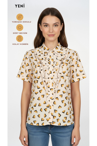 FARREN Women's White Patterned Short Sleeve Shirt – Artline Fit |   Soft Textured |   Four Seasons |   Easy Combination