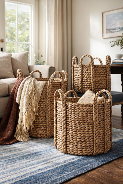 bhava lara Doğal Hasır Örgü Saklama Sepeti – Büyük Boy Dekoratif Boho Depolam...