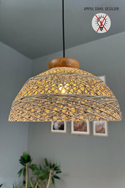 Bamyum Bohem Recycle İplik Jüt El Yapımı Alaca Ekru İplik Ahşap Tabak Başlık Tekli Avize