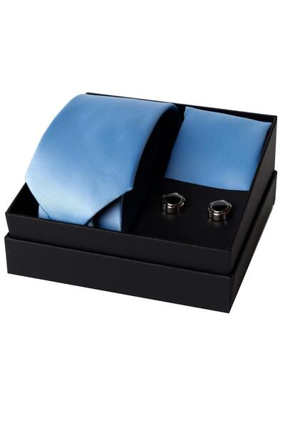 Esgue مجموعة هدايا مناديل وأزرار أكمام مصنوعة يدويًا من الساتان الأزرق مقاس 8 سم HSET:112