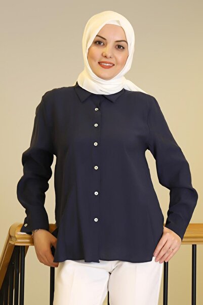 Nazen Giyim قميص نسائي بحري بأكمام طويلة 32207-2Y5