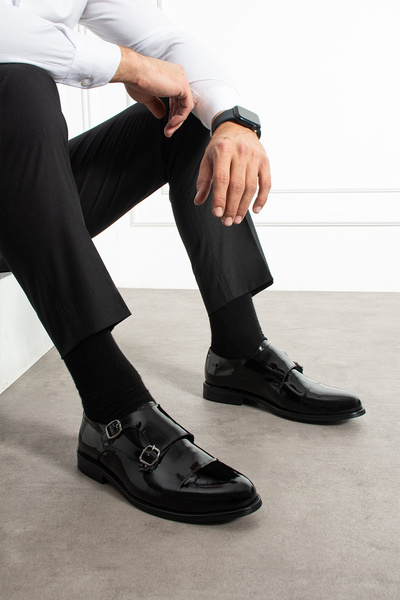 YAREL AYAKKABI Men's Black Patent Leather Genuine Leather Double Buckle Class...