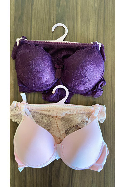 Zi 2 Sets 1 Pack Pink - Purple Hollow Out Bra Set