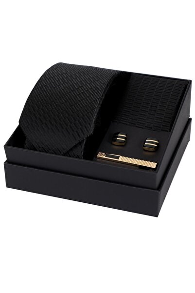 Esgue 8 cm Hand Made Black Patterned Tie Handkerchief & Gold Black Cufflink &...