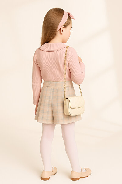 AHENGİM Girl's Ruffle Collar Blouse & Plaid Shorts Skirt 2-Piece Set Ak4155