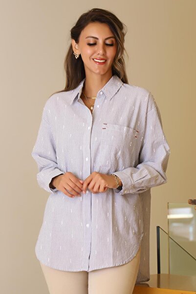 Nazen Giyim Long Sleeve Striped Navy Blue Women's Shirt 4395-2Y5