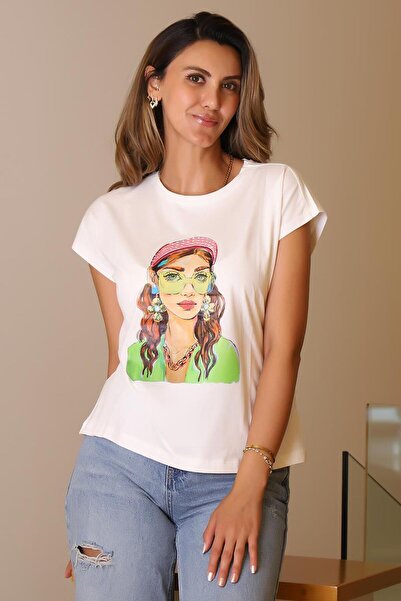 Nazen Giyim Girls Printed Ecru Short Sleeve Women's T-Shirt 27419-2Y5