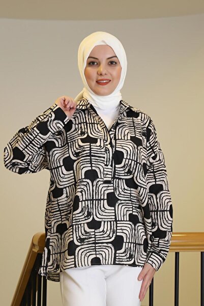 Nazen Giyim Black Women's Shirt with Geometric Pattern 34511-2Y5