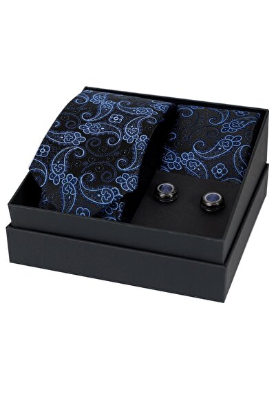 Esgue مجموعة هدايا مناديل وأزرار أكمام مصنوعة يدويًا باللون الأسود والأزرق مقاس 8 سم HSET:106