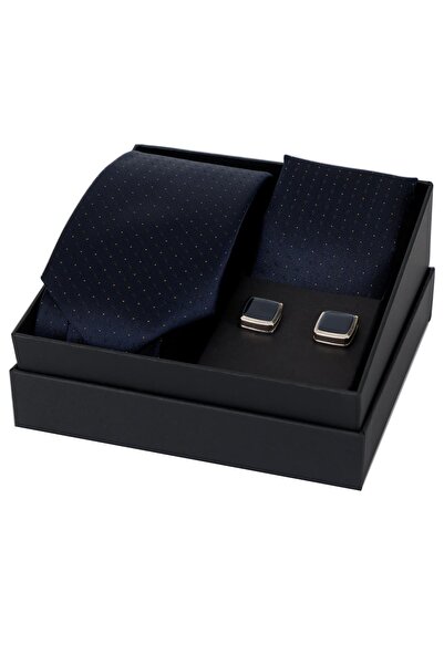 Esgue مجموعة هدايا مناديل ربطات عنق مصنوعة يدويًا باللون الأزرق الداكن والأصفر مقاس 8 سم ومجموعة أزرار أكمام مربعة HSET:118