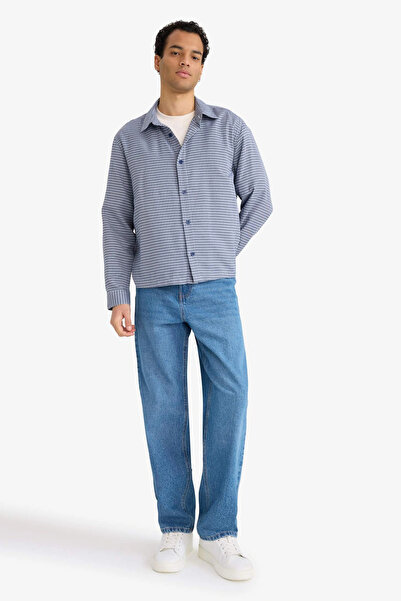 DeFacto G6417Axpr469 Purple Boxy Fit Checked Woven Long Sleeve Shirt