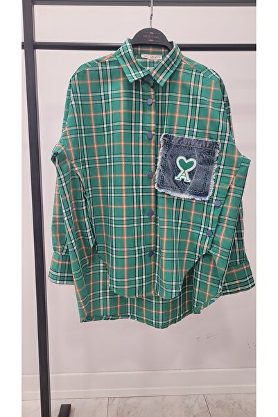 Hatun Atila Denim Heart Patched and Button Detailed Oversized Plaid Shirt 8599 - Green