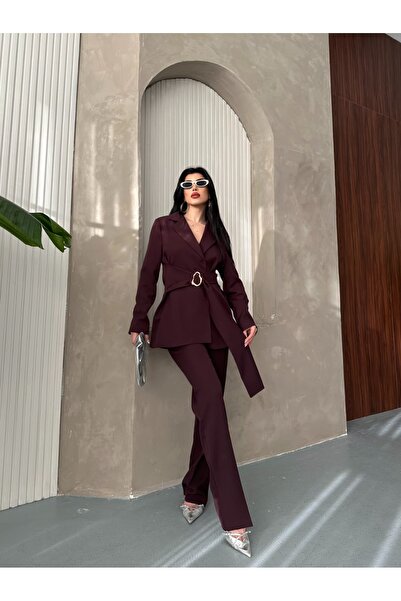 MYGİYİMİSTANBUL Blazer Jacket Wide Leg Pants Set with a Wide Fabric Belt Tied at the Waist
