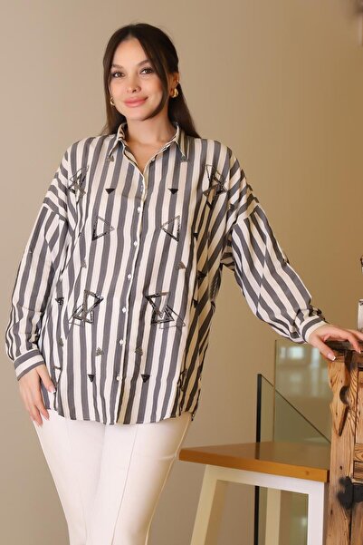 Nazen Giyim Striped beaded gray white women's shirt 4107-2y5