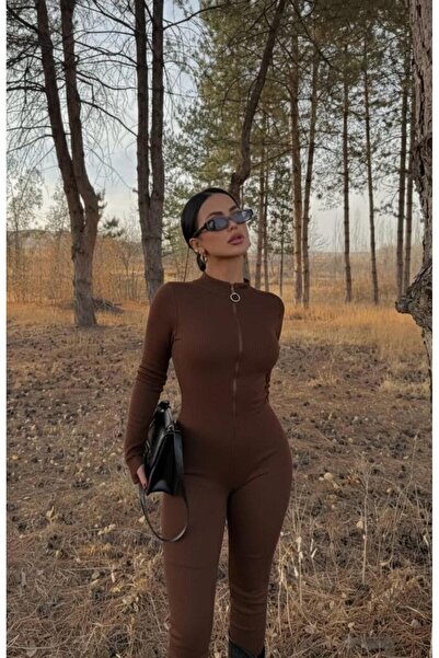 EVOA Γυναικεία φόρμα καφέ κοτλέ με βαθύ φερμουάρ