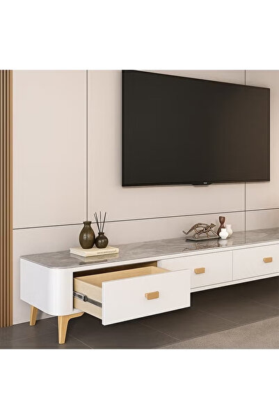 NKX Modern Living Room New White Color luxury TV Cabinet Top Grey Cabinet Material Marble 200cm