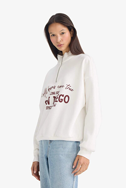 DeFacto G5665Axwt32 White Oversized Wide Fit Half Zipper Printed Thick Sweatshirt