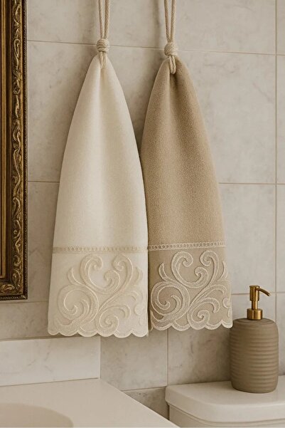 Modares Store Sarmaşık 2-Piece Hand Towel Daily Dowry Velvet Cream Capp 50X90