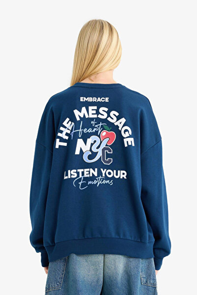 DeFacto G5492Axnv1 Navy Blue Oversized Wide Fit Crew Neck Back Printed Sweatshirt