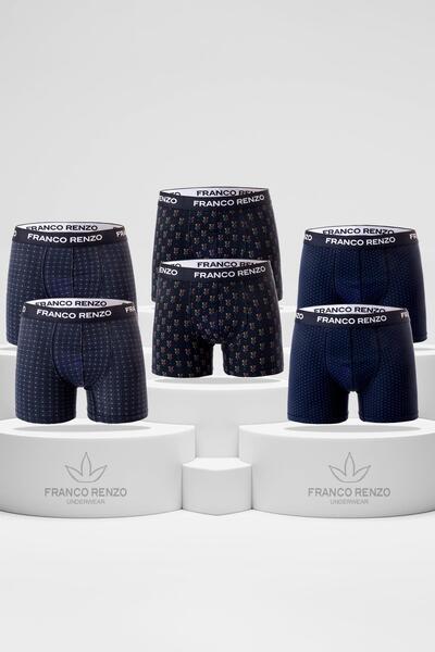 FRANCO RENZO Men's 6-Piece Luxury Boxed Cotton and Stretch Fabric Patterned Boxers - Navy Blue