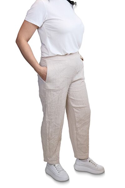 Blues Outlet Women's Elastic Waist Broad Leg Gofre Brand Pants-Cream