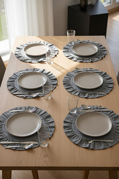 YUNUSOĞLU HOME Gray Cotton Ruffled Placemats Set of 6 American Style 33 cm Diameter Placemats Set of 6