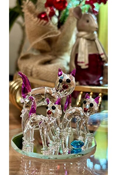 Kiri Dekoratif Kristal Cam Kedi Ailesi Mor