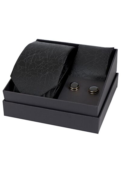 Esgue مجموعة هدايا مناديل رسمية سوداء منقوشة يدويًا مقاس 8 سم وأزرار أكمام مطلية بالذهب والأسود HSET:12